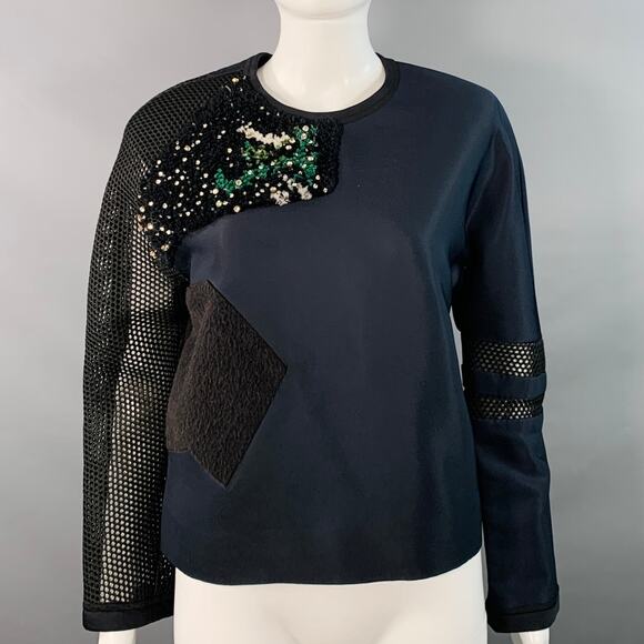 FENDI Fall 2014 Size 6 Navy Green Polyamide Blend Patchwork Back Zip Casual Top - Picture 1 of 13